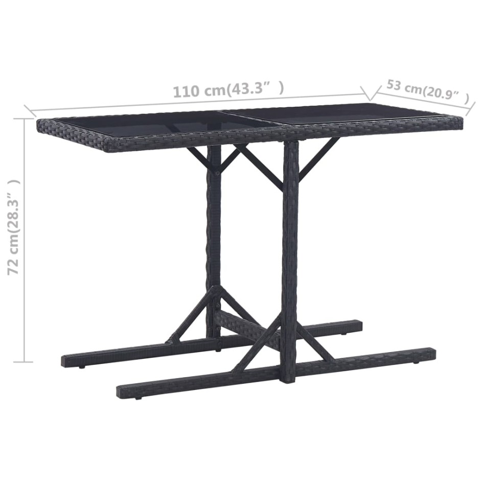 Mesa de jardín de vidrio y ratán sintético negro 110x53x72