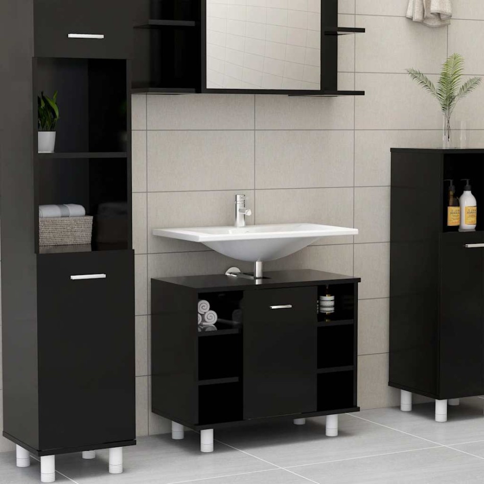 Armario de baño madera contrachapada negro 60x32x53,5