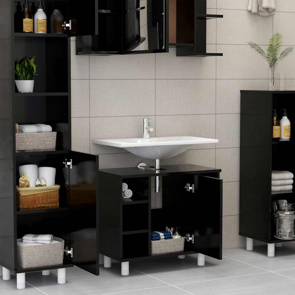Armario de baño madera contrachapada negro 60x32x53,5