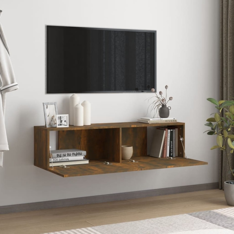 Mueble de pared TV contrachapado roble ahumado 120x30x30