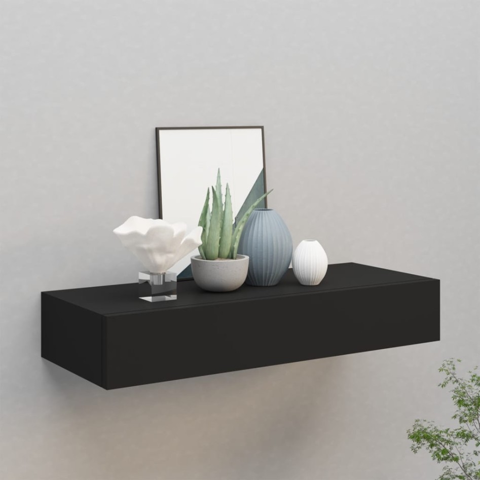 Estante con cajón de pared MDF negro 60x23,5x10