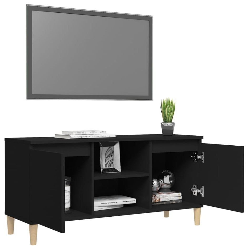 Mueble de TV con patas de madera maciza negro 103,5x35x50
