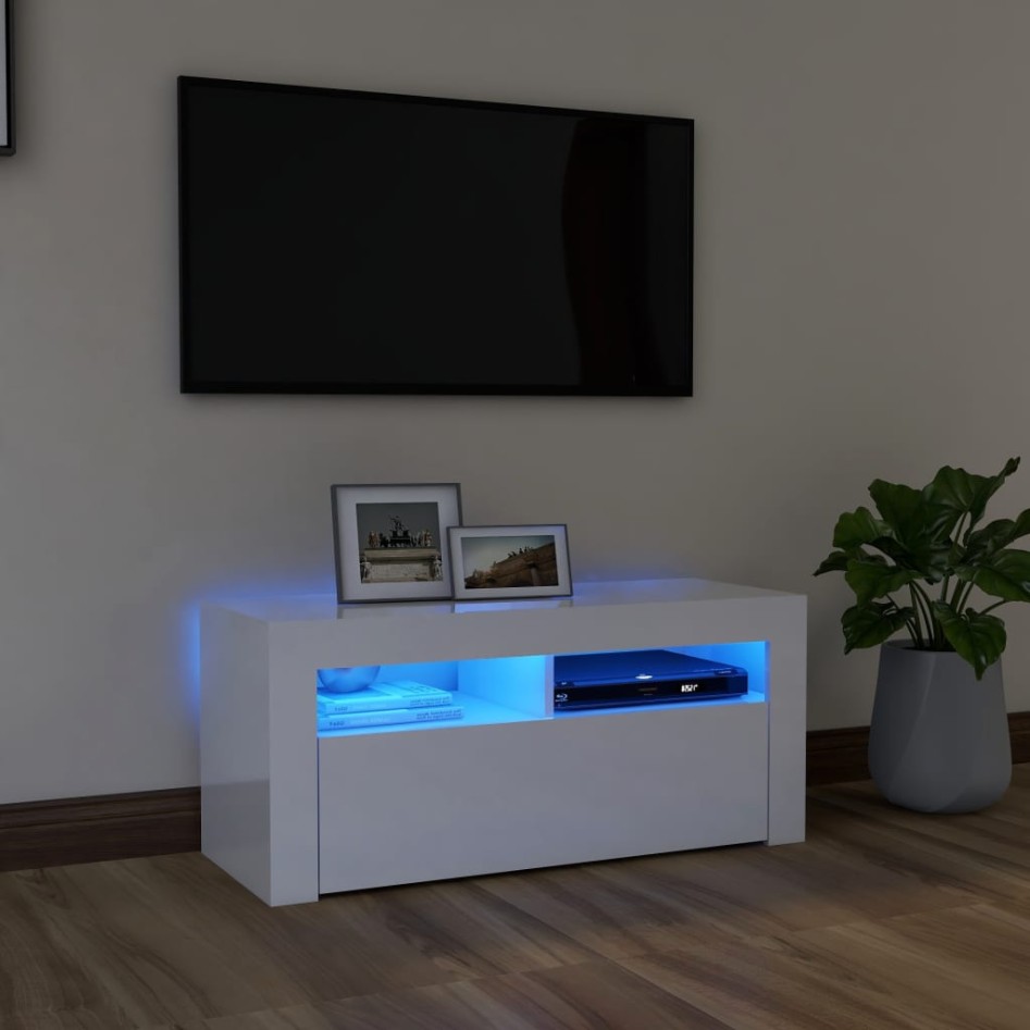 Mueble de TV con luces LED blanco brillante 90x35x40