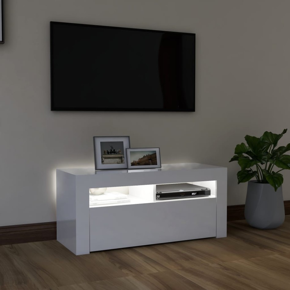 Mueble de TV con luces LED blanco brillante 90x35x40