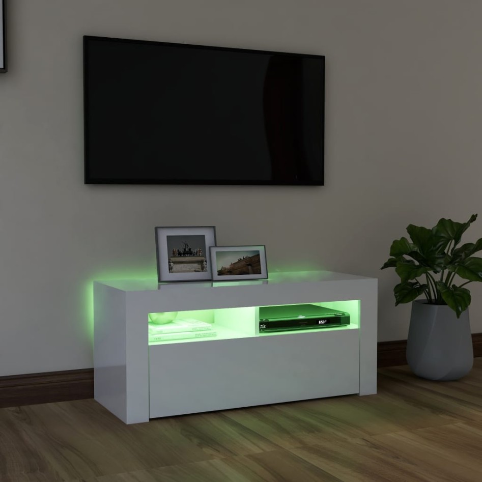 Mueble de TV con luces LED blanco brillante 90x35x40