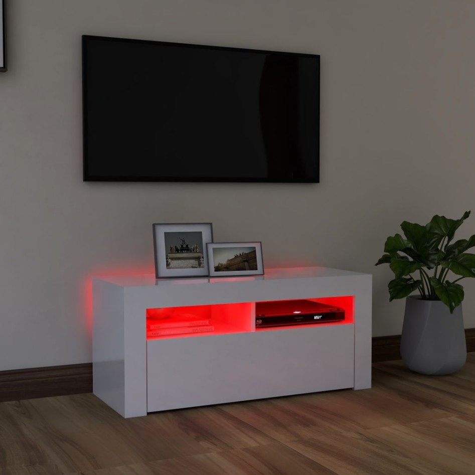 Mueble de TV con luces LED blanco brillante 90x35x40