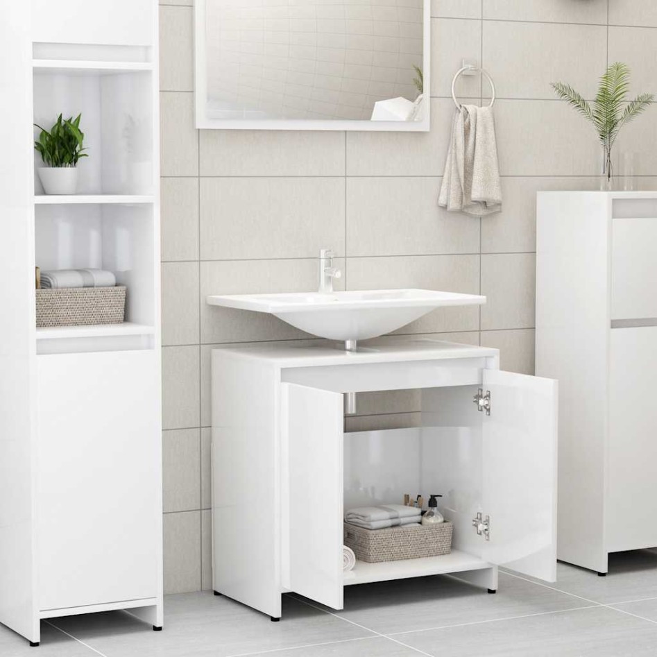 Armario de baño madera contrachapada blanco brillo 60x33x61