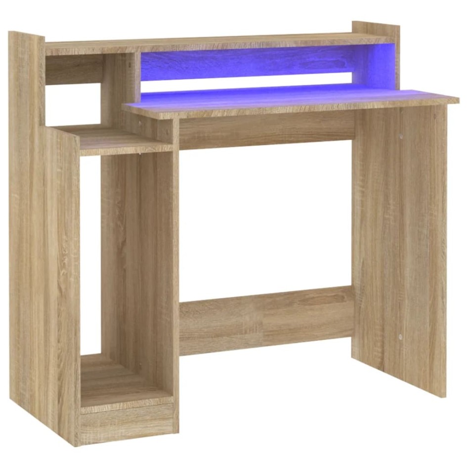 Escritorio con LED madera contrachapada roble sonoma