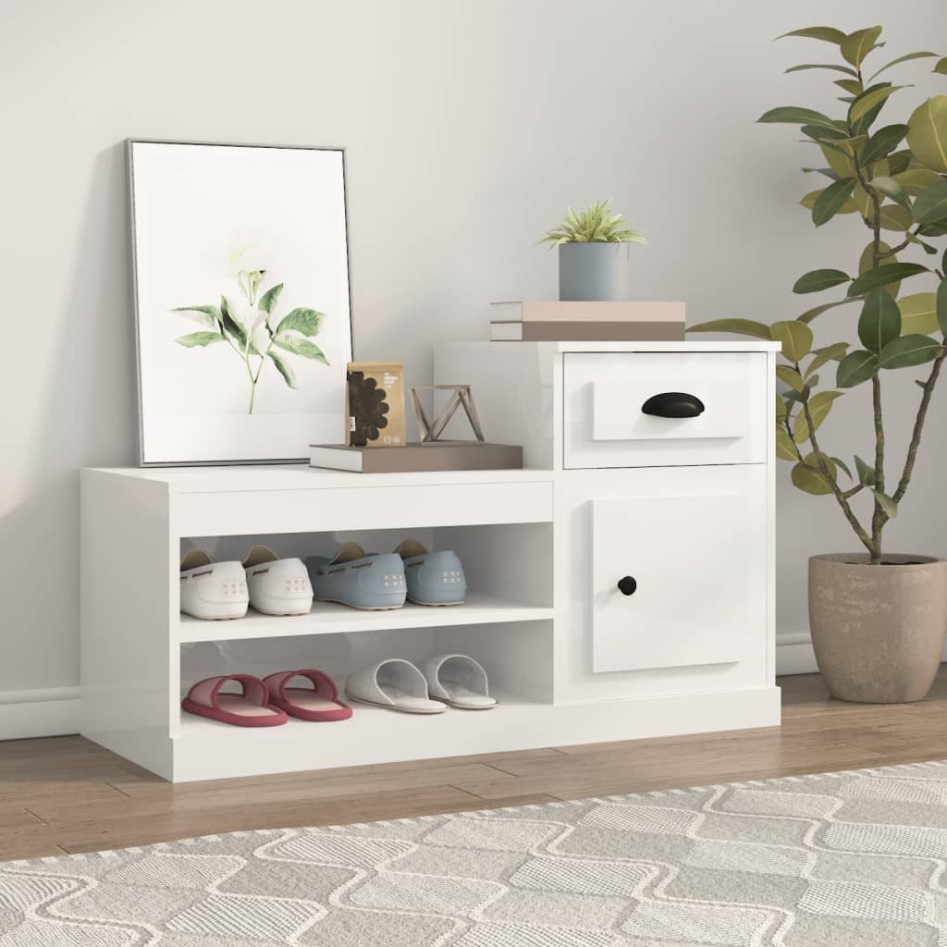 Mueble zapatero madera contrachapada blanco brillo 100x42x60