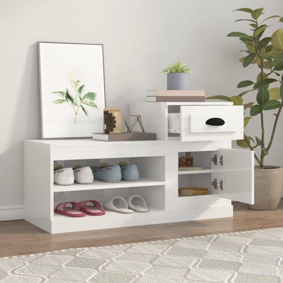 Mueble zapatero madera contrachapada blanco brillo 100x42x60