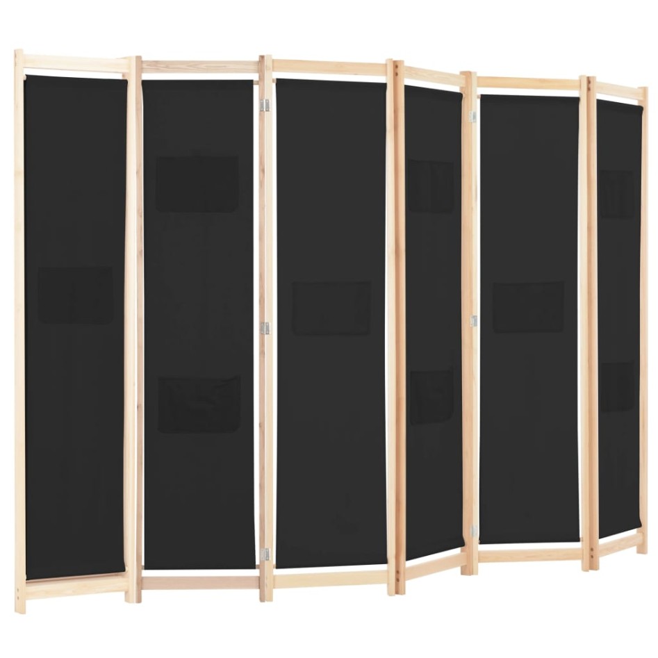 Biombo divisor de 6 paneles de tela negro 240x170x4