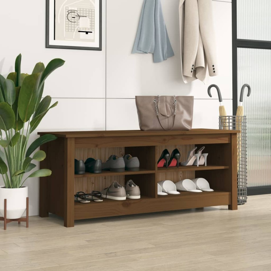 Banco zapatero madera maciza de pino marrón miel 110x38x45,5
