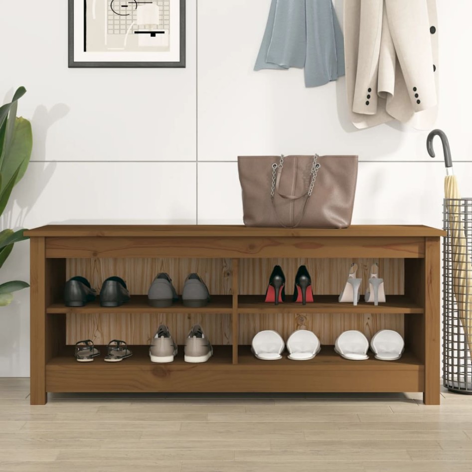 Banco zapatero madera maciza de pino marrón miel 110x38x45,5