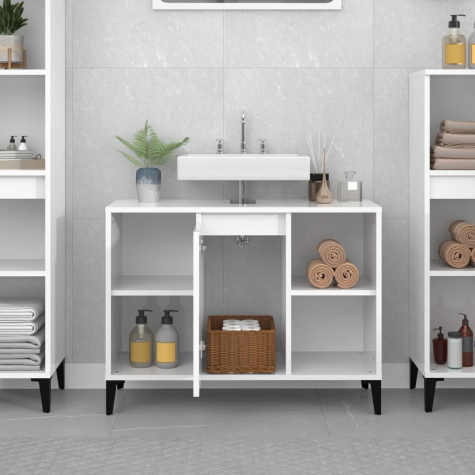 Armario de lavabo madera contrachapada blanco brillo