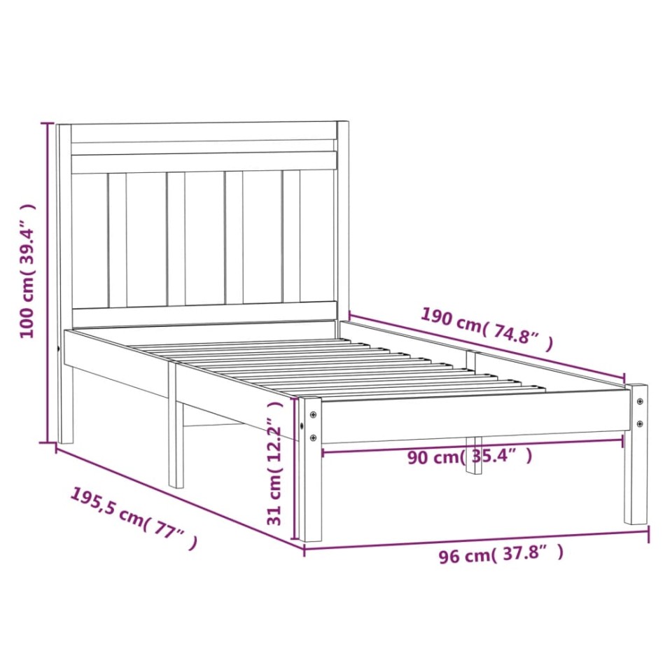 Estructura de cama individual de madera maciza blanco 90x190