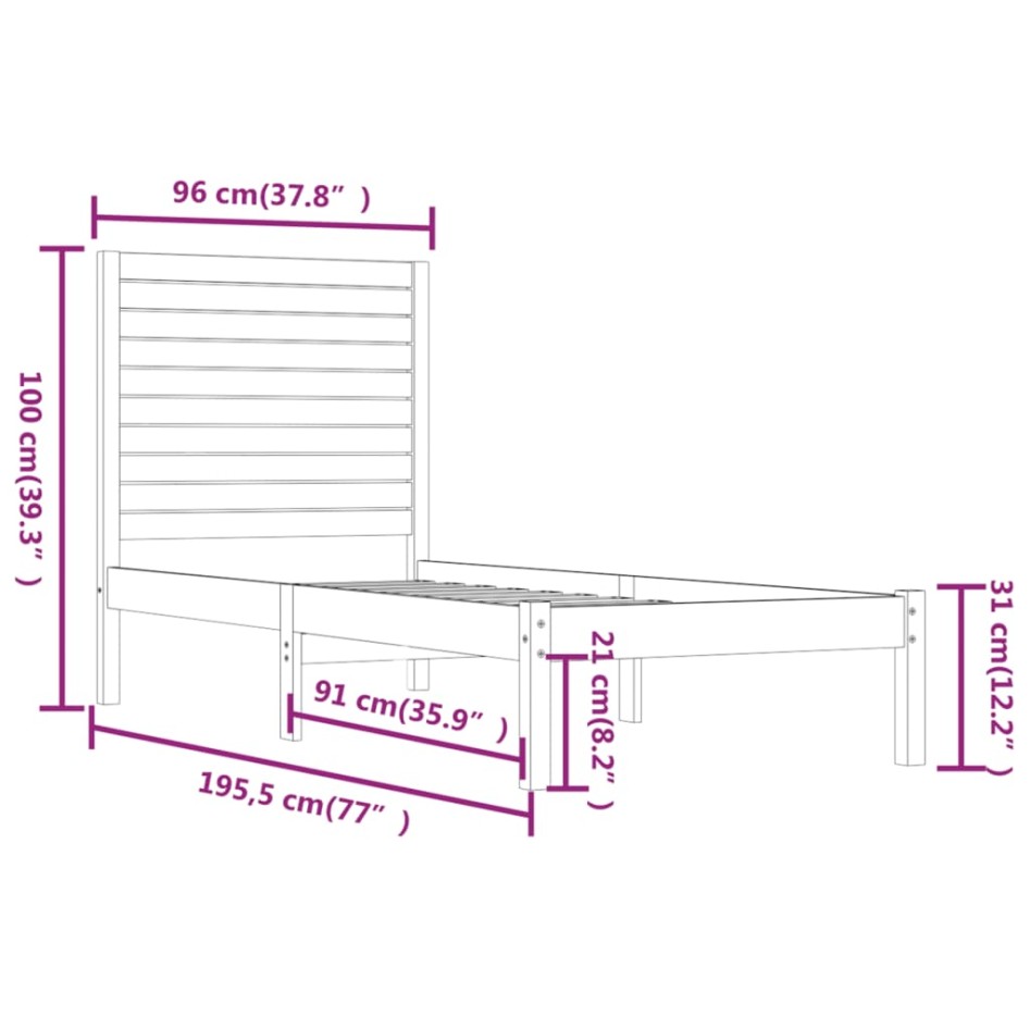 Estructura de cama madera maciza 90x190
