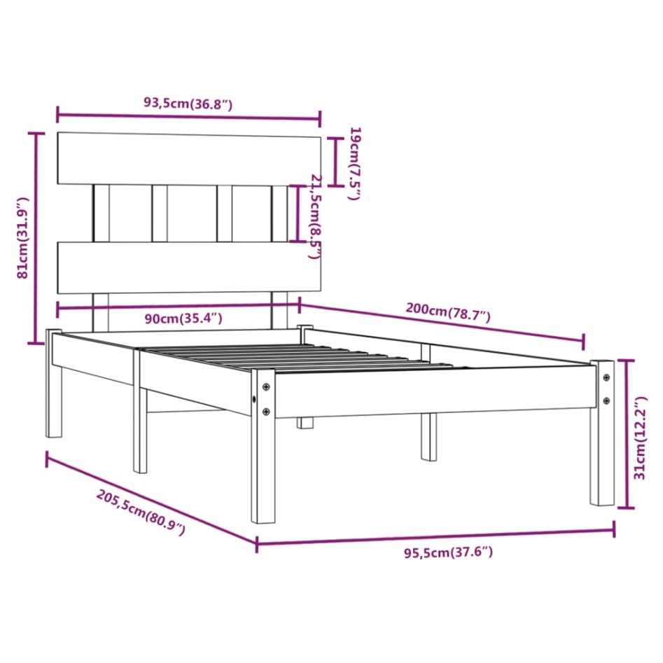 Estructura de cama madera maciza de pino blanca 90x200
