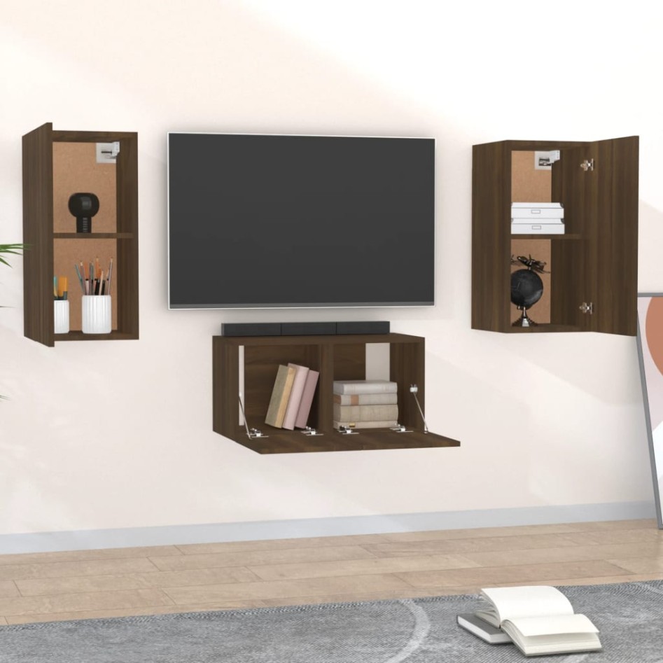 Set de muebles para TV 3 pzas madera contrachapada roble
