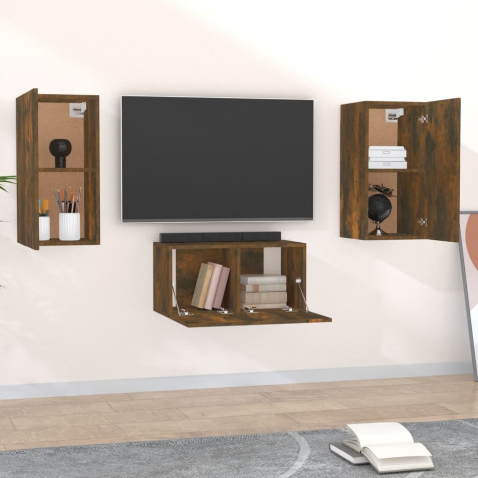 Set de muebles de TV 3 pzas madera contrachapada roble