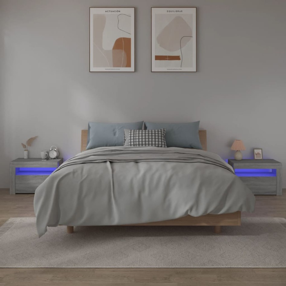 Mesitas de noche con LED 2 unidades gris sonoma 60x35x40