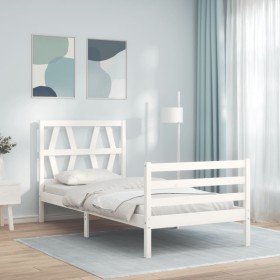 Estructura de cama con cabecero madera maciza blanco 90x200