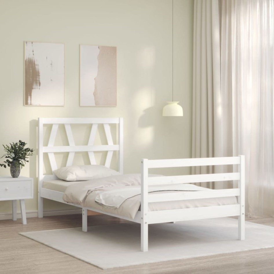 Estructura de cama con cabecero madera maciza blanco 90x200