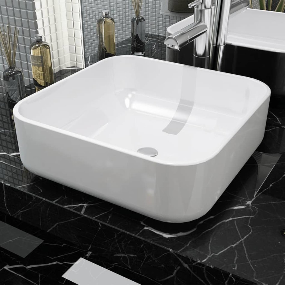 Lavabo cuadrado de cerámica blanco 39x39x13,5