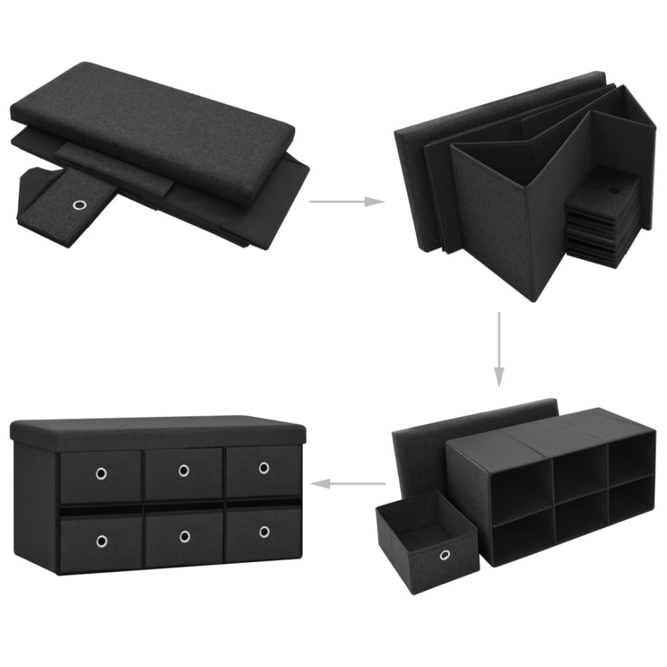 Banco de almacenaje plegable lino sintético negro 76x38x38