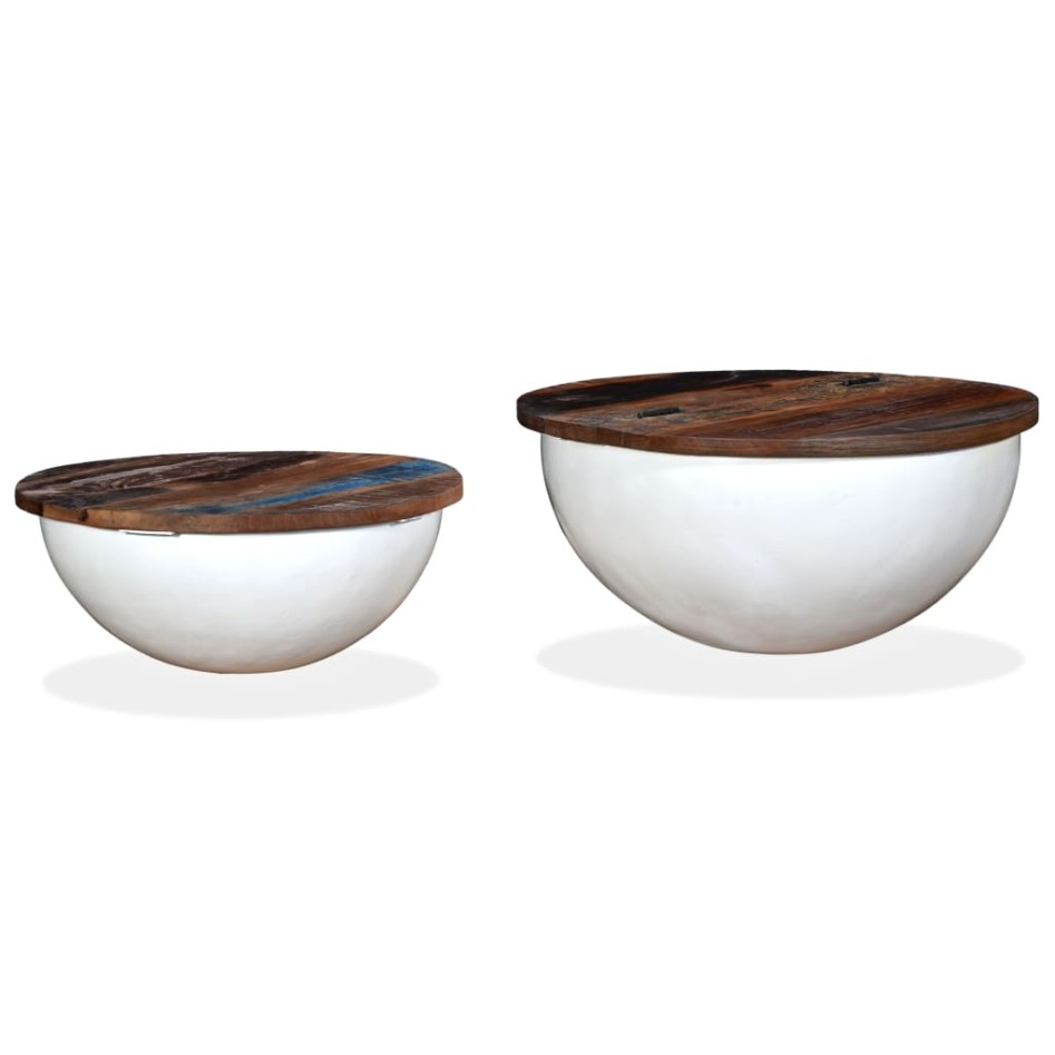 Set de 2 mesas de centro madera reciclada blanca forma de