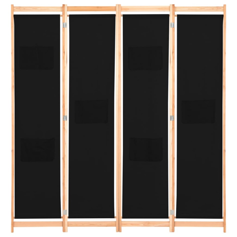Biombo divisor de 4 paneles de tela negro 160x170x4