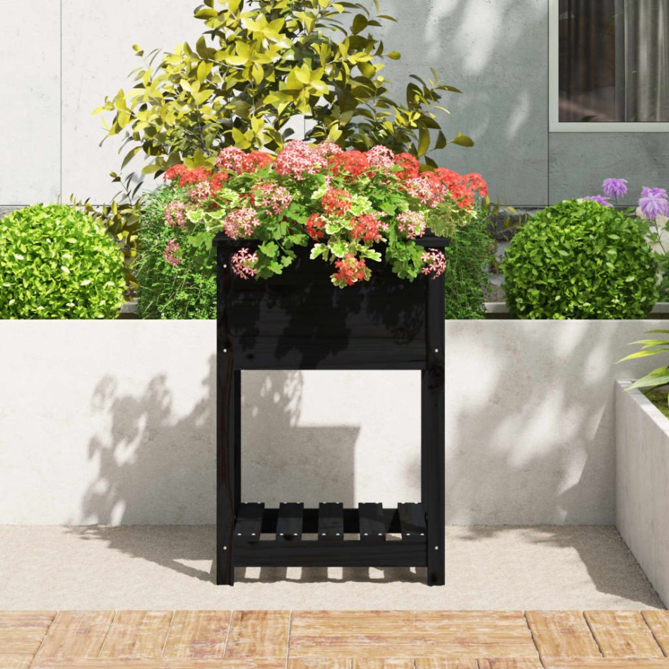 Jardinera con estante madera maciza de pino negro 54x54x81