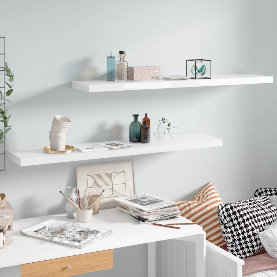 Estante flotante pared 2 uds MDF blanco brillo 120x23,5x3,8