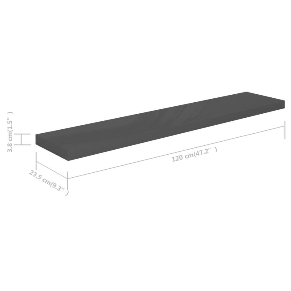 Estante flotante de pared 4 uds MDF gris brillo 120x23,5x3,8