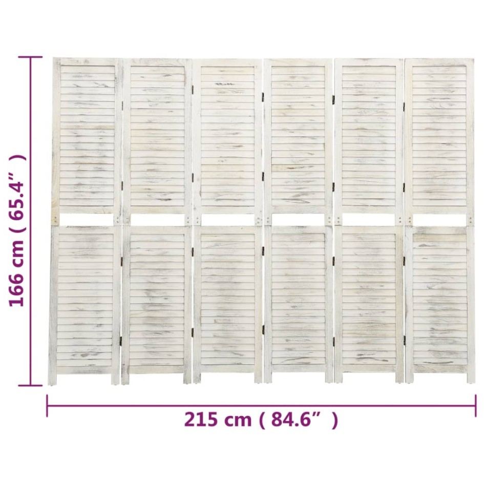 Biombo de 6 paneles madera maciza blanco envejecido 215x166