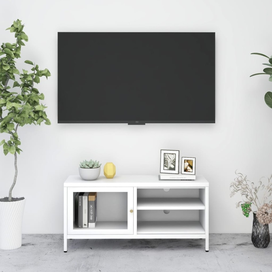 Mueble para el televisor acero y vidrio blanco 90x30x44