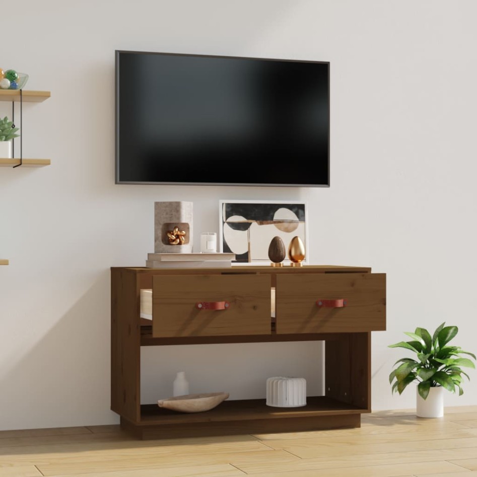 Mueble de TV madera maciza de pino marrón miel 90x40x60