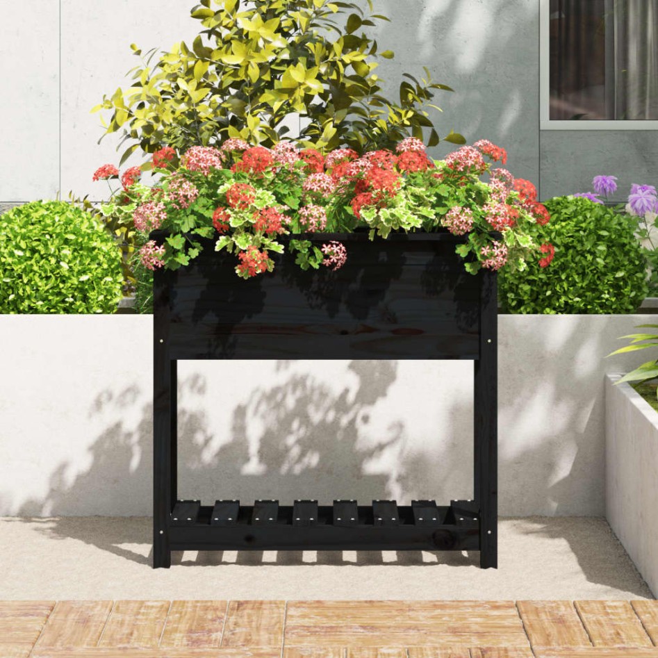 Jardinera con estante madera maciza pino negro 82,5x34,5x81