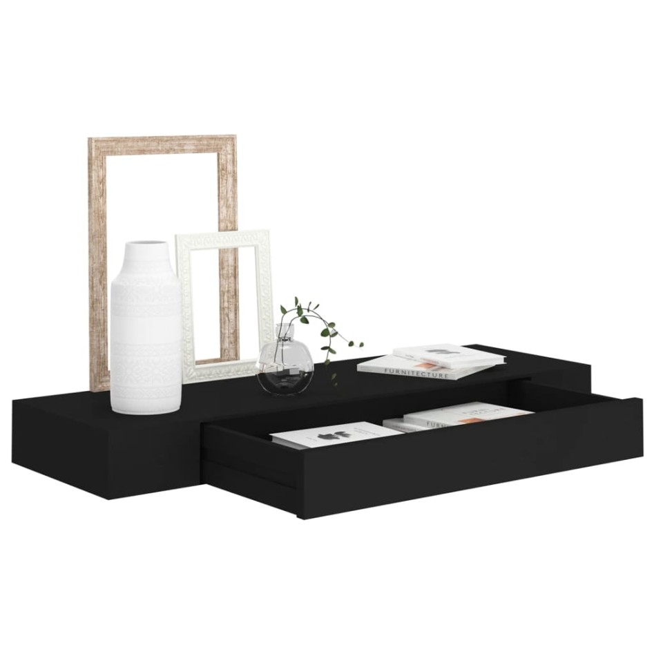Estante flotante de pared con cajón negro 80x25x8