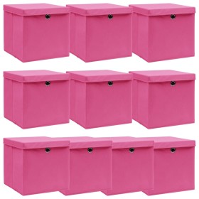 Cajas de almacenaje con tapas 10 uds tela rosa 32x32x32
