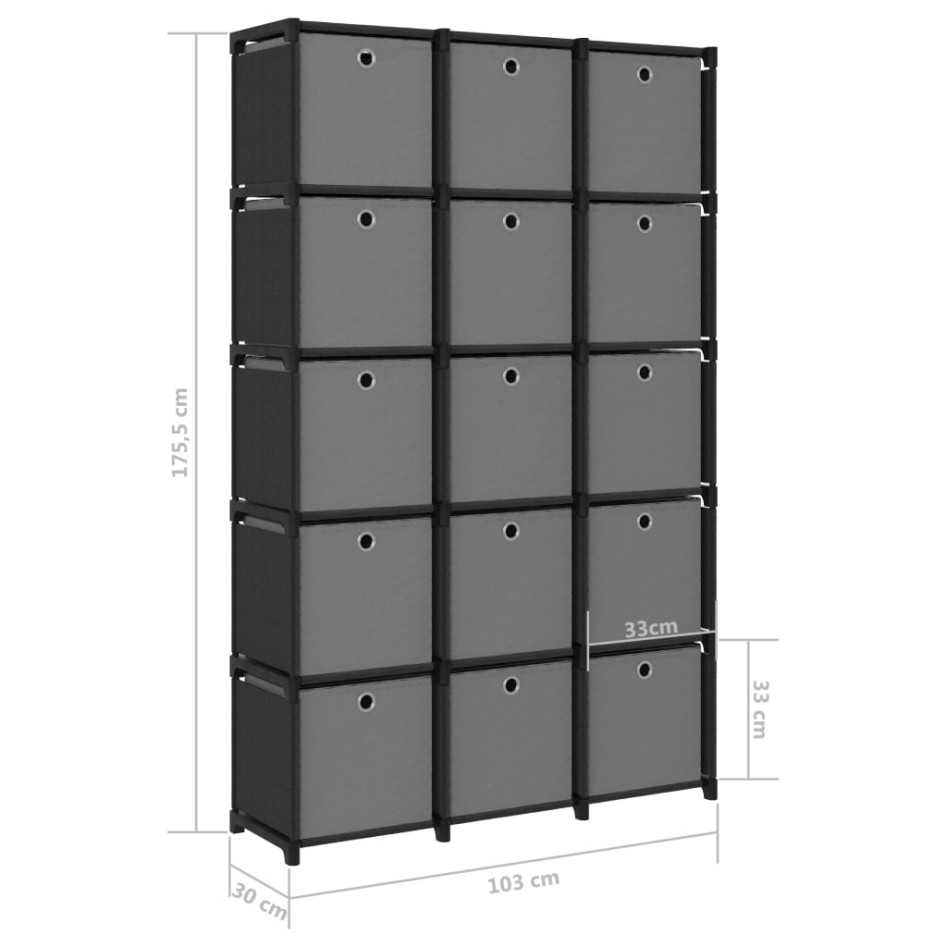 Estantería de 15 cubos con cajas de tela negro 103x30x175,5