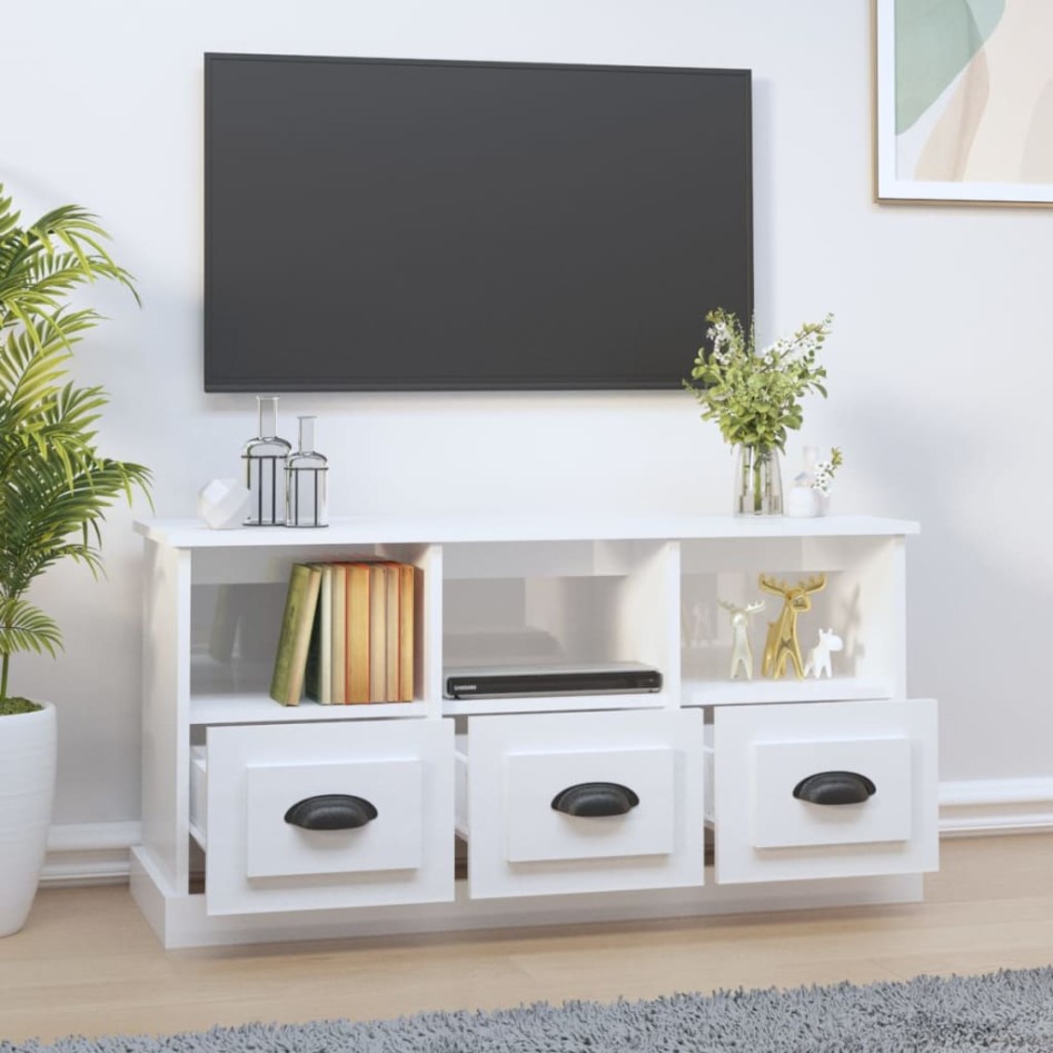Mueble de TV madera contrachapada blanco brillo 100x35x50