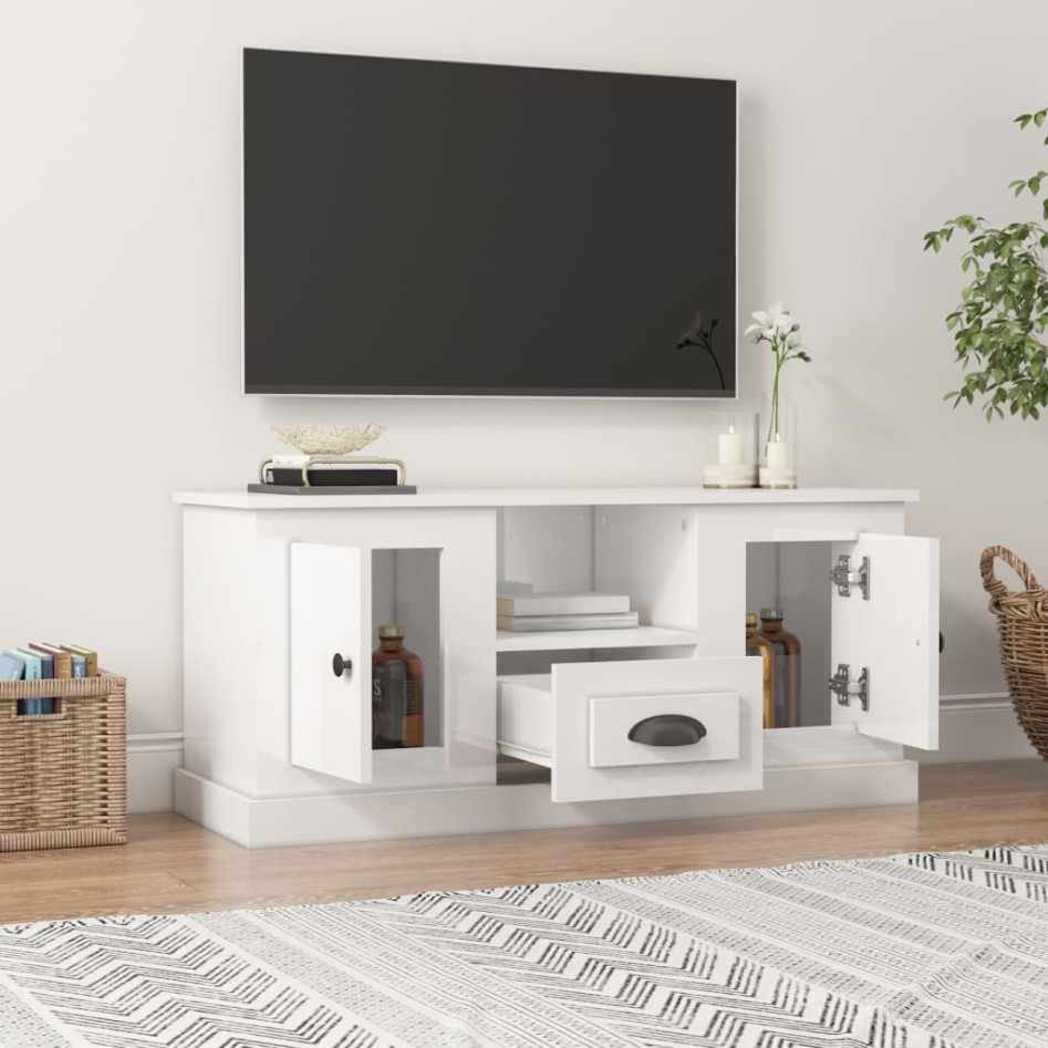 Mueble de TV madera contrachapada blanco brillo 100x35,5x45
