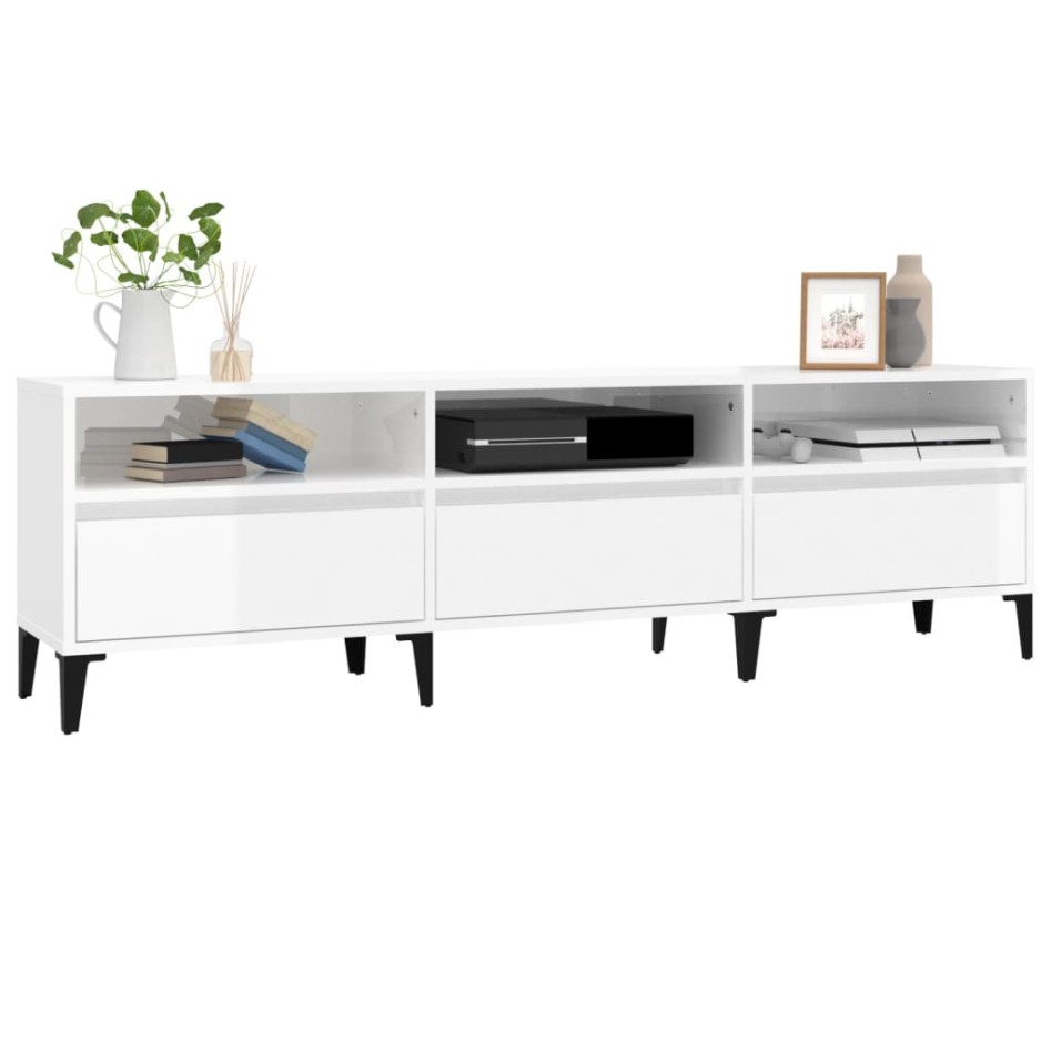 Mueble de TV madera contrachapada blanco brillo 150x30x44,5