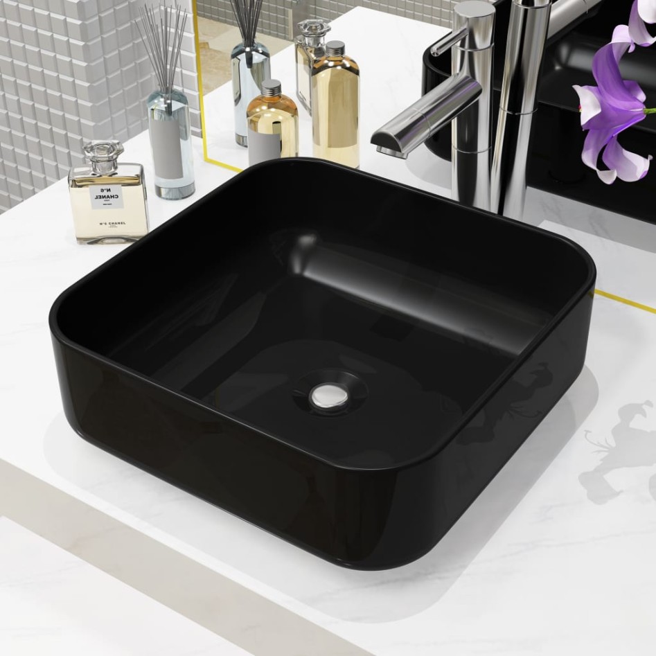 Lavabo cuadrado de cerámica negro 38x38x13,5