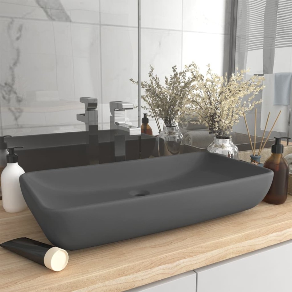 Lavabo de lujo de cerámica rectangular gris oscuro mate