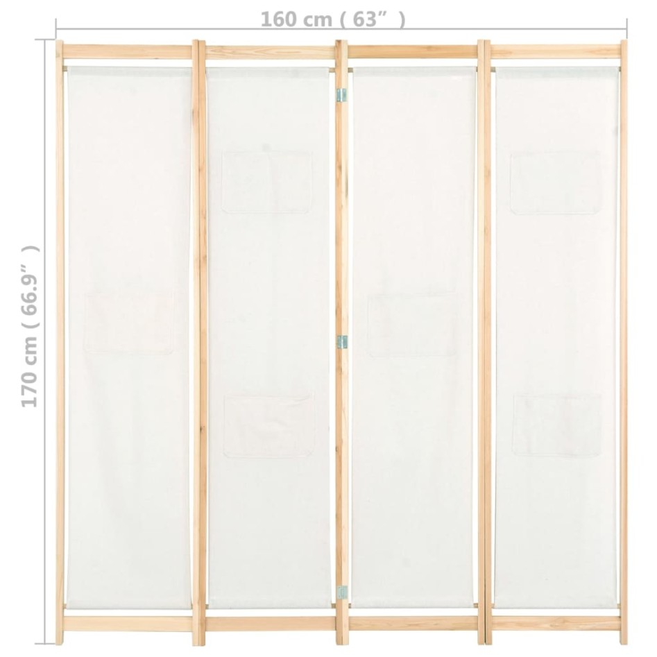 Biombo divisor de 4 paneles de tela color crema 160x170x4