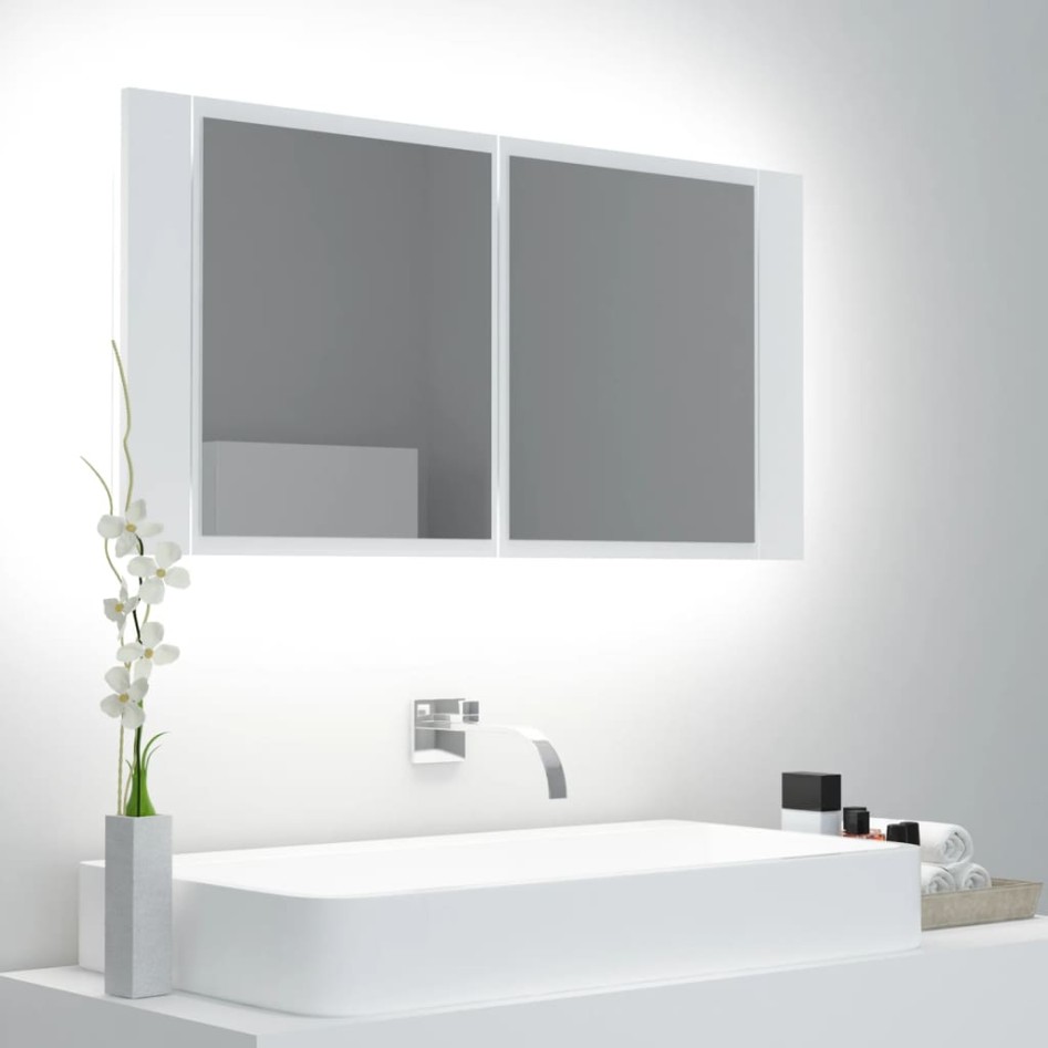 Armario espejo de baño con luz LED acrílico blanco 90x12x45