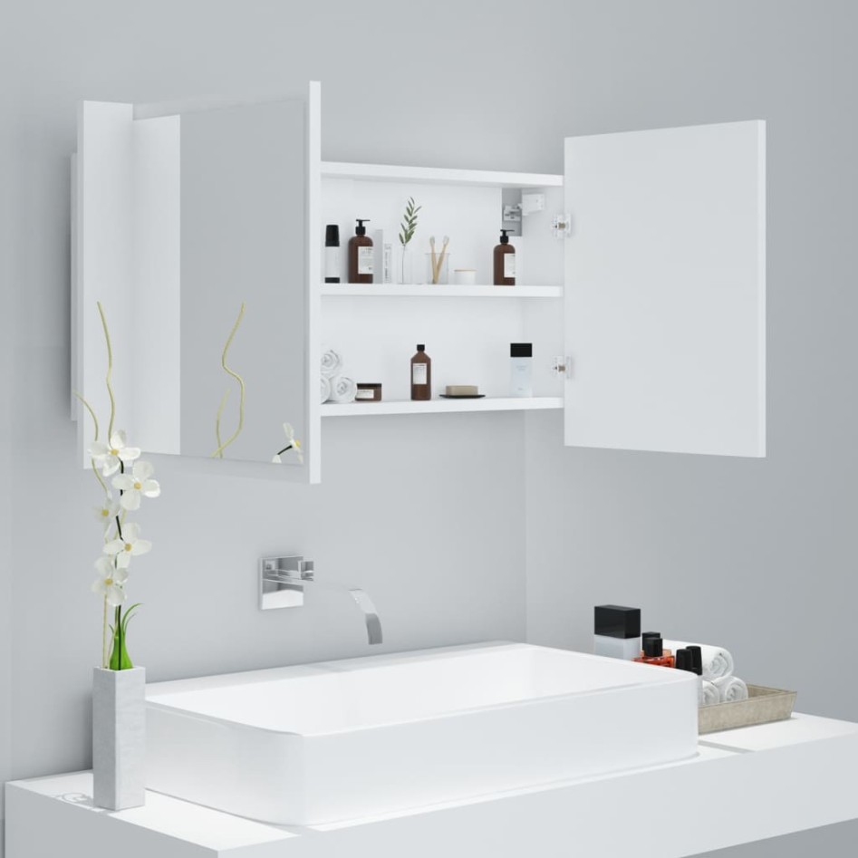 Armario espejo de baño con luz LED acrílico blanco 90x12x45