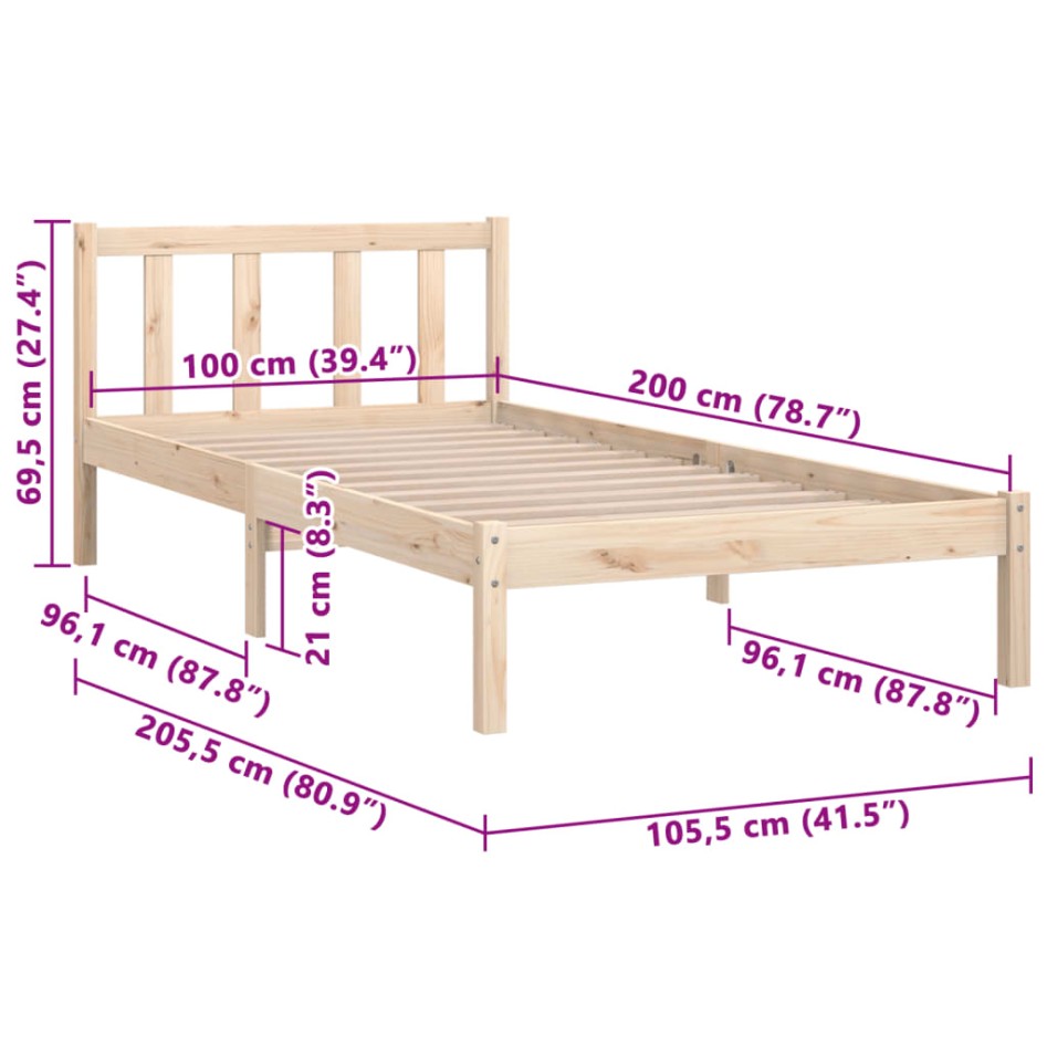 Estructura de cama sin colchón madera maciza 100x200