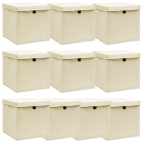 Cajas de almacenaje con tapas 10 uds tela crema 32x32x32